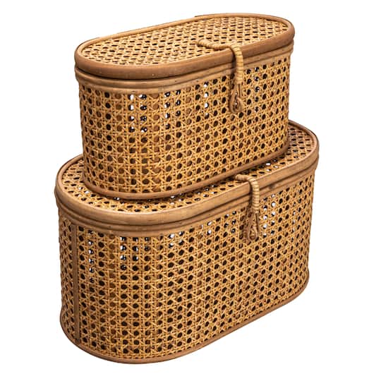 Storied Home Modern Decorative Oval Woven Rattan Storage Boxes, Set of 2 Sizes, Dark Brown Finish - Natural